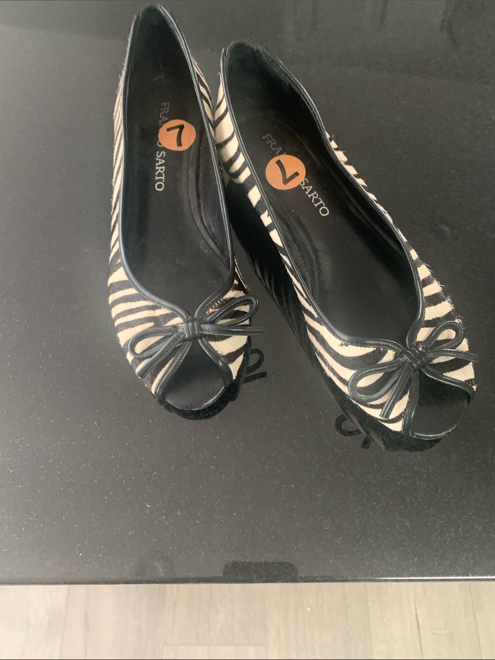 Franco Sarto Black and White Zebra Peep-Toe Ballet Flats